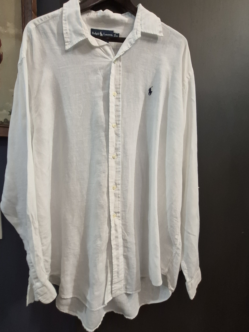 Ralph Lauren White Linen Button-Down with Navy Pony